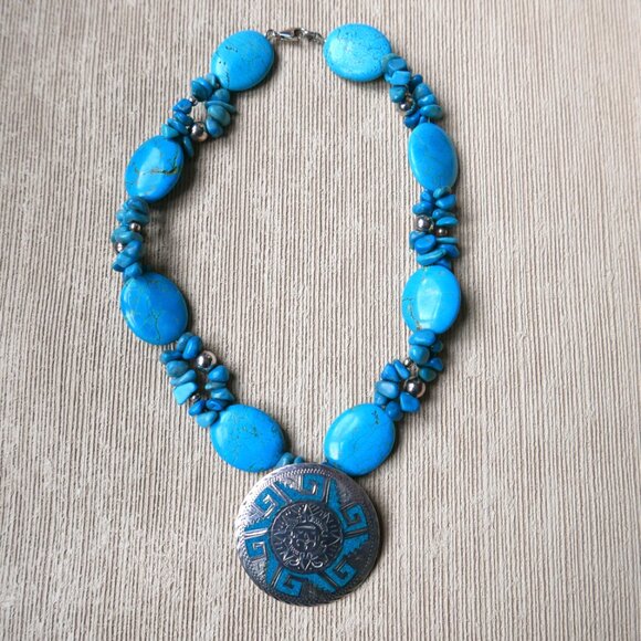 Inlaid Aztec Calendar Pendant and Turquoise Necklace - Picture 4 of 10